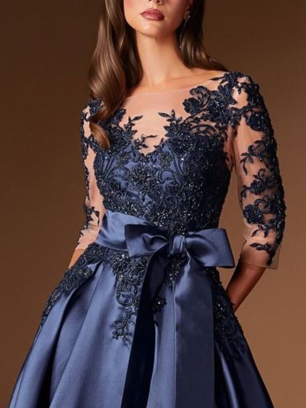 NAVY BLUE FORMAL MOTHER OF THE BRIDE DRESS WITH SLEEVES. NEW LONG LACE MIKADO - Picture 2 of 5